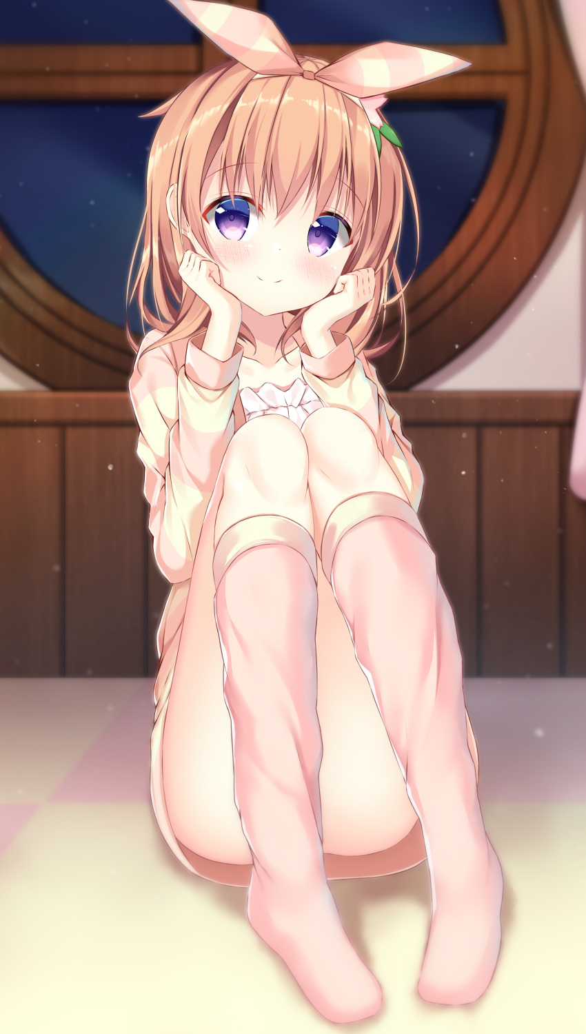 1girl absurdres bangs blurry blurry_background blush brown_skirt closed_mouth commentary_request convenient_leg depth_of_field eyebrows_visible_through_hair full_body gochuumon_wa_usagi_desu_ka? hair_between_eyes hair_ribbon hands_up highres hoto_cocoa indoors jacket kneehighs light_brown_hair long_sleeves looking_at_viewer night no_shoes open_clothes open_jacket pink_legwear pizzzica ribbon round_window skirt smile solo striped_jacket violet_eyes window