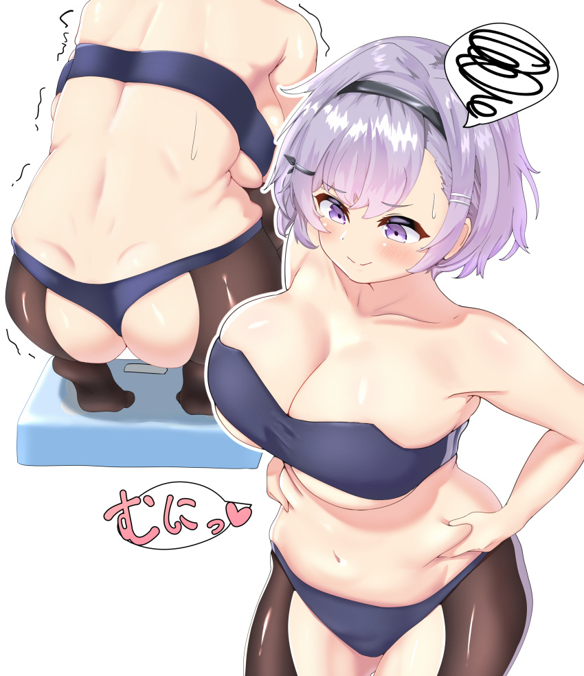 1girl absurdres ass azur_lane bandeau belly belly_grab black_bra black_hairband black_legwear black_panties bra breasts commentary_request curvy from_above from_behind hairband highres large_breasts looking_down multiple_views navel panties parted_hair plump reno_(azur_lane) speech_bubble spoken_squiggle squiggle strapless translation_request trembling tubetop underwear underwear_only ushimittsu weighing_scale weight_conscious weight_gain