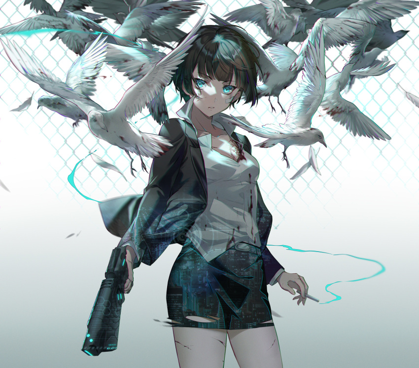 1girl bangs belt bird blood bloody_clothes blue_eyes breasts brown_hair cigarette ekita_xuan gun highres holding holding_cigarette holding_gun holding_weapon jacket looking_at_viewer open_clothes open_collar open_jacket pencil_skirt psycho-pass short_hair skirt small_breasts smoking solo standing torn_clothes torn_skirt tsunemori_akane weapon