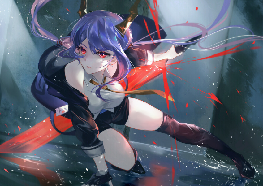 1girl arknights arm_support bangs bare_shoulders black_gloves black_jacket blue_hair boots breasts ch'en_(arknights) closed_mouth fighting_stance fingerless_gloves floating_hair gloves highres holding holding_sword holding_weapon horns jacket large_breasts looking_at_viewer low_twintails necktie off_shoulder open_clothes open_jacket red_eyes shirt short_shorts shorts sidelocks single_fingerless_glove solo sword thigh-highs thigh_boots thighs twintails vardan weapon white_shirt
