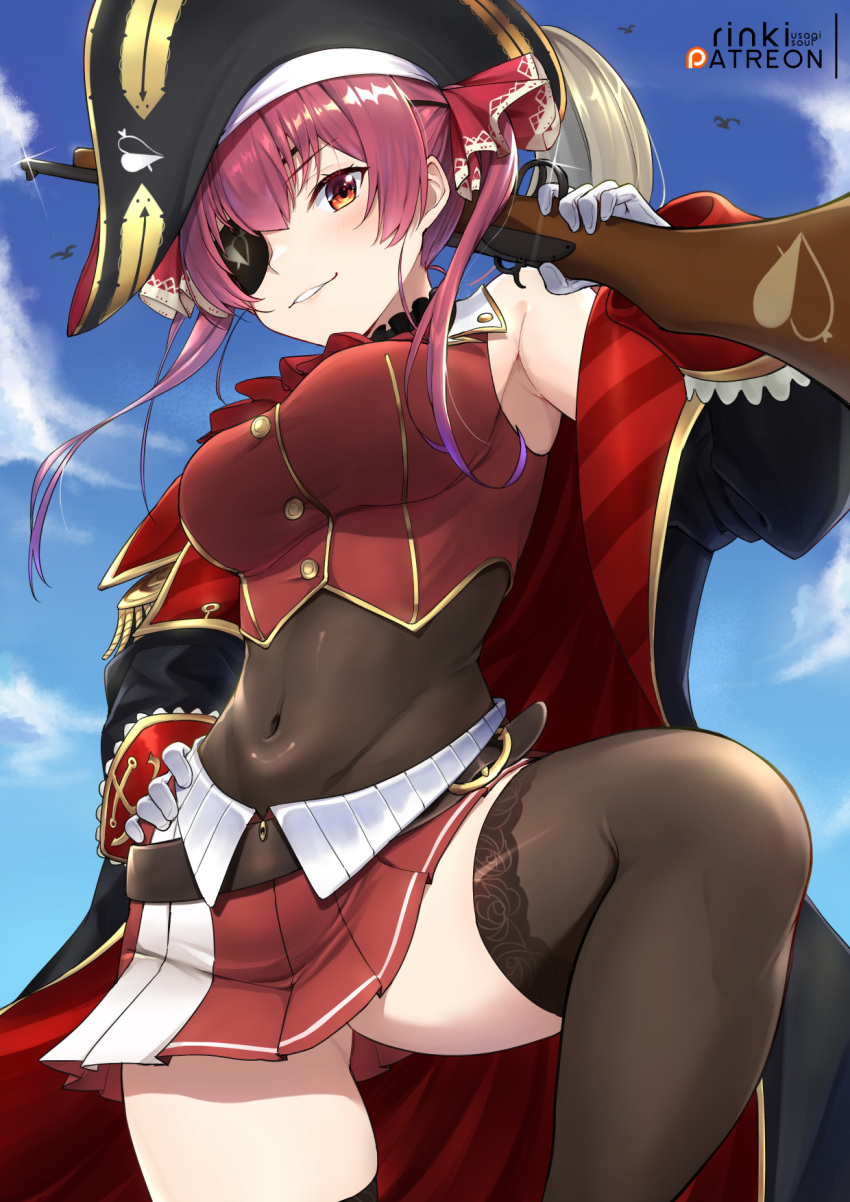 1girl ass_visible_through_thighs bare_shoulders belt black_legwear blue_sky bodysuit breasts coat corsair eyepatch gun hand_on_hip hat highres hololive houshou_marine lace lace-trimmed_legwear lo_xueming long_sleeves navel open_clothes open_coat over_shoulder pirate_hat red_eyes redhead rifle skindentation skirt sky solo thigh-highs virtual_youtuber weapon