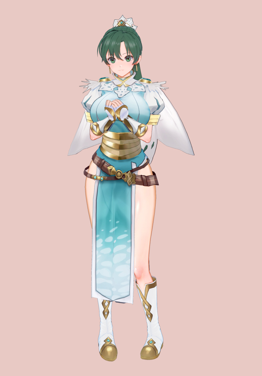 1girl bangs belt boots breasts cape capelet closed_mouth commentary_request earrings feather_trim fingerless_gloves fire_emblem fire_emblem:_the_blazing_blade fire_emblem_heroes full_body gloves gradient gradient_background green_eyes green_hair hair_ornament hands_together highres jewelry knee_boots lips looking_at_viewer lyn_(fire_emblem) medium_breasts pelvic_curtain pink_background ponytail puffy_sleeves shiny shiny_clothes simple_background solo standing thighs tied_hair uck-eck-uck
