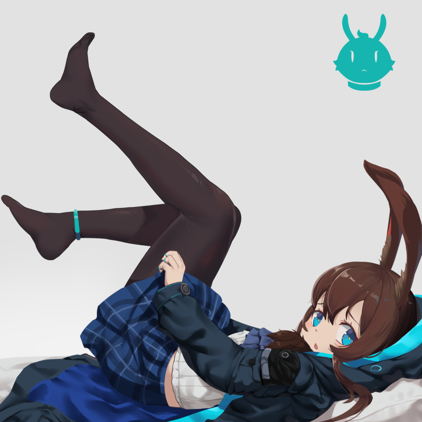 1girl :o absurdres amiya_(arknights) animal_ears anklet arknights bangs black_jacket black_legwear blue_eyes blue_skirt blush brown_hair bunny_girl bunny_tail from_side full_body highres hood hood_up hooded_jacket jacket jewelry legs_up long_sleeves looking_at_viewer looking_to_the_side lying on_back open_clothes open_jacket open_mouth pantyhose plaid plaid_skirt rabbit_ears shirt sidelocks skirt solo striped striped_shirt tail too-ye vertical-striped_shirt vertical_stripes white_shirt