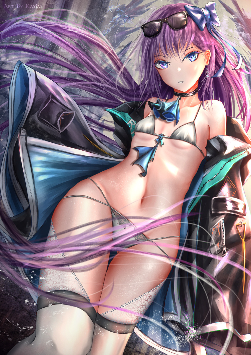 1girl amiya_(arknights) amiya_(arknights)_(cosplay) arknights bangs bare_shoulders bikini black_jacket blue_bow blue_eyes blue_jacket blush bow breasts choker collarbone cosplay eyewear_on_head fate/extra fate/extra_ccc fate/grand_order fate_(series) grey_bikini hair_bow highres jacket kayjae24 long_hair long_sleeves looking_at_viewer meltryllis navel open_clothes open_jacket parted_lips purple_hair sleeves_past_fingers sleeves_past_wrists small_breasts solo sunglasses swimsuit thighs two-tone_jacket very_long_hair white_legwear