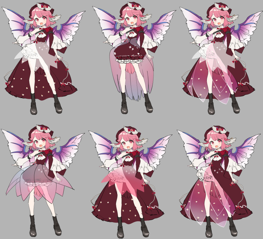 1girl alternate_costume asymmetrical_clothes bangs bird_wings boots bow costume_chart detached_sleeves dress eyebrows_visible_through_hair fingernails floral_print frilled_skirt frills gotoh510 grey_background hat highres long_fingernails looking_at_viewer mystia_lorelei nail_polish open_mouth outstretched_arm pink_eyes pink_hair red_dress ribbon see-through short_hair simple_background skirt smile solo standing touhou wings