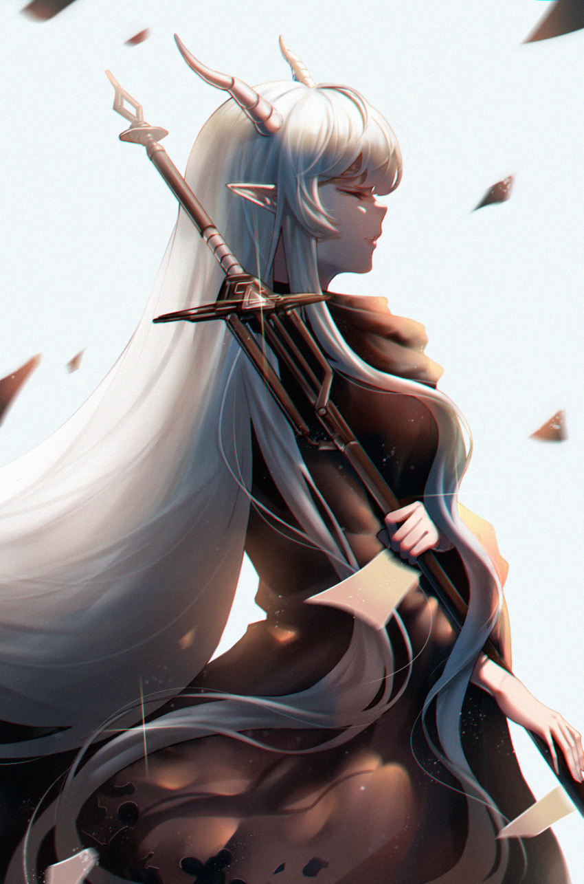 1girl arknights bangs black_dress closed_eyes commentary_request cowboy_shot dress from_side grey_background highres holding holding_staff horns long_hair long_sleeves mfork pointy_ears profile shining_(arknights) silver_hair simple_background solo sparkle staff very_long_hair