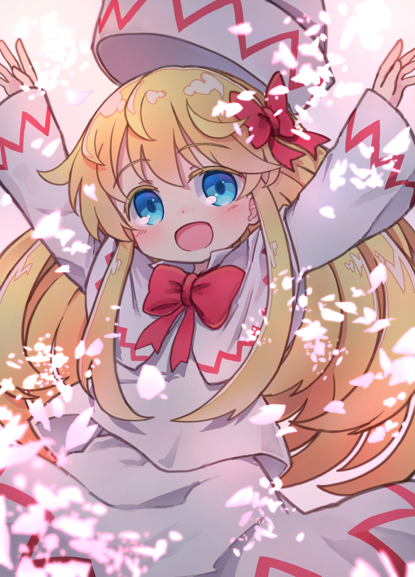 1girl :d arms_up bangs blonde_hair blue_eyes blush bow capelet colored_eyelashes commentary_request dress eyebrows_visible_through_hair hair_between_eyes hair_bow hat hat_removed head_tilt headwear_removed highres kibisake lily_white long_hair long_sleeves looking_at_viewer open_mouth outstretched_arms petals red_bow sleeves_past_wrists smile solo touhou very_long_hair white_capelet white_dress white_headwear wide_sleeves