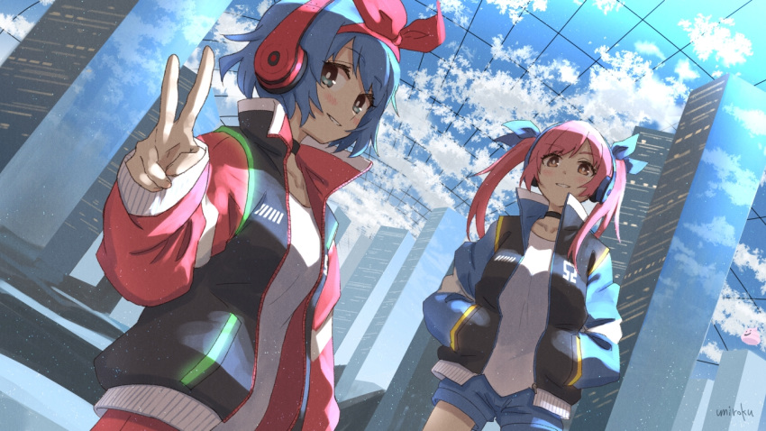 2girls alternate_costume bangs blue_bow blue_eyes blue_hair bow choker city cityscape grin hair_bow hairband headphones jacket long_hair looking_at_viewer multiple_girls omega_rei omega_rio omega_sisters omega_symbol open_clothes open_jacket outdoors pink_hair ribbon shirt short_hair shorts siblings sisters smile standing twintails umiroku v virtual_youtuber yellow_eyes