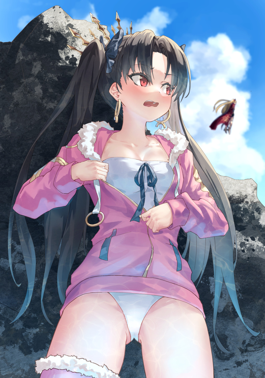 1girl absurdres bangs black_hair blonde_hair breasts commentary_request earrings ereshkigal_(fate/grand_order) eyebrows_visible_through_hair fate/grand_order fate_(series) from_below fur_trim hair_ribbon highres hoop_earrings ildy ishtar_(fate)_(all) ishtar_(fate/grand_order) jacket jewelry long_hair long_sleeves medium_breasts open_mouth outdoors pink_jacket red_eyes ribbon single_thighhigh swimsuit thigh-highs two_side_up white_swimsuit
