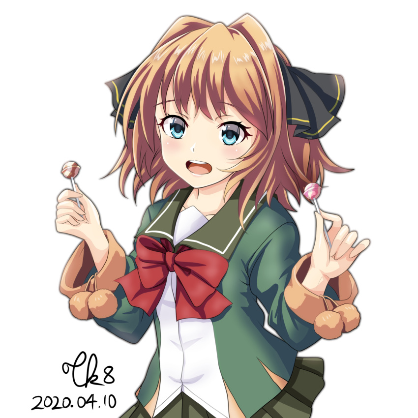 1girl arms_up black_ribbon blue_eyes blush brown_hair candy dated eyebrows_visible_through_hair food green_jacket green_skirt hachijou_(kantai_collection) hair_ribbon highres jacket kantai_collection lollipop long_sleeves looking_at_viewer neck_ribbon pleated_skirt pom_pom_(clothes) red_ribbon ribbon sailor_collar school_uniform serafuku short_hair simple_background skirt solo tk8d32 white_background