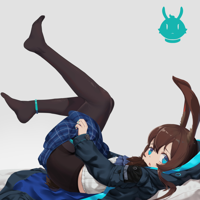 1girl :o absurdres amiya_(arknights) animal_ears anklet arknights bangs black_jacket black_legwear blue_eyes blue_skirt blush brown_hair bunny_girl bunny_tail from_side full_body highres hood hood_up hooded_jacket jacket jewelry legs_up long_sleeves looking_at_viewer looking_to_the_side lying on_back open_clothes open_jacket open_mouth pantyhose plaid plaid_skirt pulled_by_self rabbit_ears shirt sidelocks skirt skirt_pull solo striped striped_shirt tail too-ye undressing vertical-striped_shirt vertical_stripes white_shirt