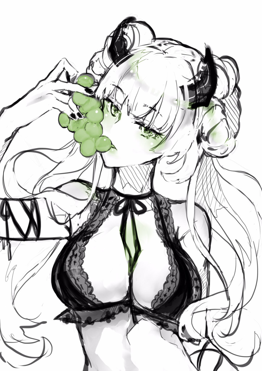 1girl between_breasts blush bra breasts choker double_bun eating fingernails food frilled_bra frills fruit grapes green_eyes green_theme hand_up head_tilt highres holding holding_food holding_fruit horns large_breasts long_hair looking_at_viewer monochrome nail_polish neck_ribbon nello_(luminous_darkness) original ribbon ribbon_choker simple_background solo spot_color underwear upper_body white_background