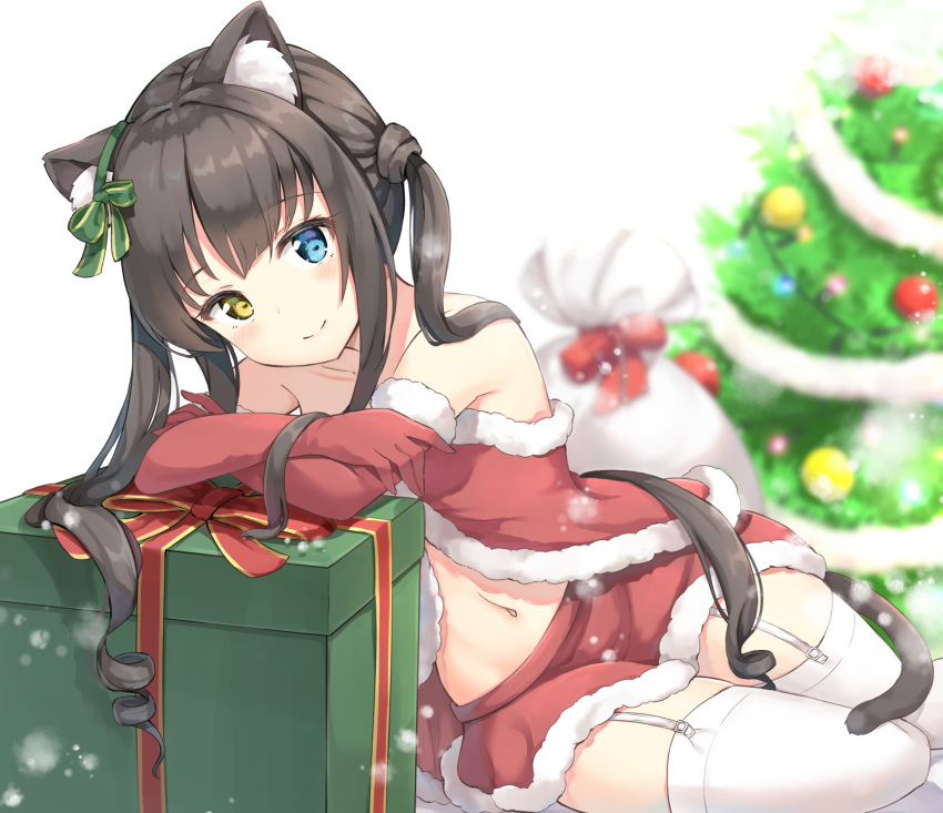 1girl animal_ear_fluff animal_ears bare_shoulders black_hair blue_eyes blurry blurry_background blush bow box cat_ears cat_girl cat_tail christmas christmas_ornaments christmas_tree closed_mouth collarbone depth_of_field elbow_gloves fur-trimmed_gloves fur-trimmed_skirt fur_trim garter_straps gift gift_box gloves green_bow hair_bow heterochromia highres keiran_(ryo170) long_hair navel original red_bow red_gloves red_skirt sack santa_costume skirt smile solo tail thigh-highs twintails very_long_hair white_background white_legwear yellow_eyes