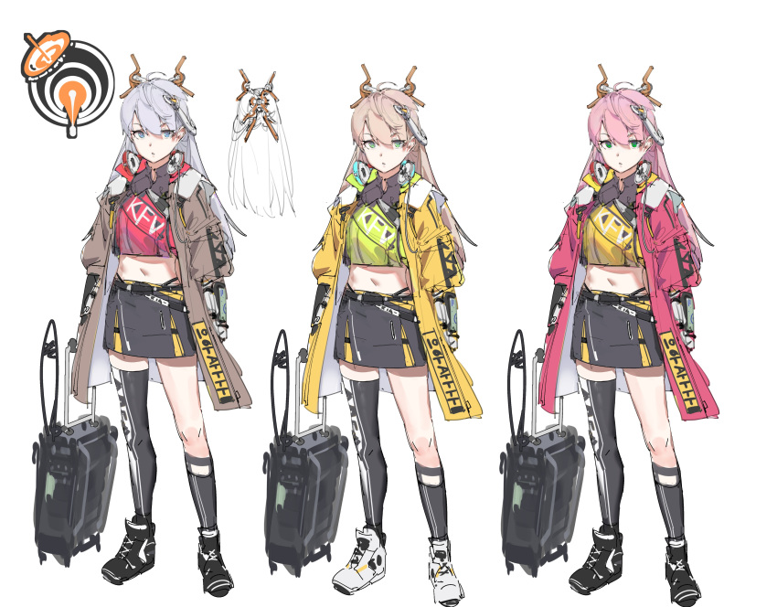 1girl absurdres arms_at_sides asymmetrical_legwear black_footwear black_legwear black_skirt blue_eyes brown_coat brown_hair coat green_eyes grey_hair hair_ornament hairpin highres long_sleeves looking_at_viewer midriff miniskirt multiple_views navel nogchasaeg_(karon2848) open_clothes open_coat original parted_lips pink_hair red_coat rolling_suitcase shoes simple_background single_sock single_thighhigh skirt socks standing thigh-highs white_background white_footwear yellow_coat