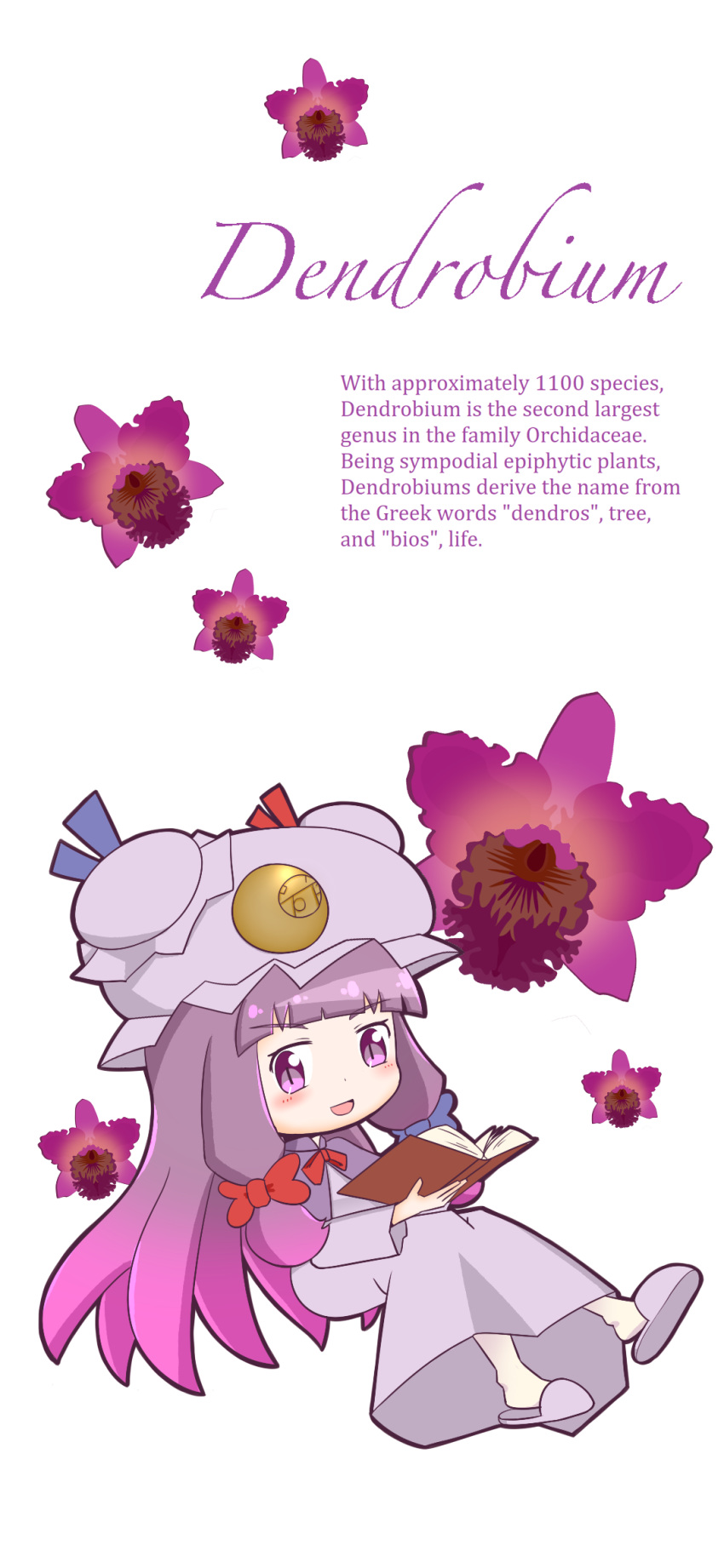 book bow busou-toybox dendrobium dress flower gradient_hair hair_bow highres multicolored_hair patchouli_knowledge purple_dress purple_hair touhou violet_eyes