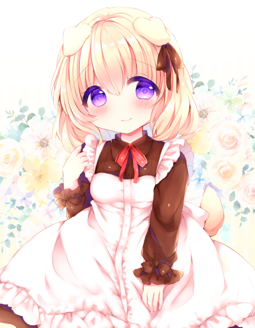1girl animal_ears apron bangs blonde_hair blush breasts brown_dress brown_ribbon closed_mouth collared_dress dog_ears dog_girl dog_tail dress eyebrows_visible_through_hair floral_background frilled_apron frills hair_between_eyes hair_ribbon hand_up haru_ichigo highres long_sleeves looking_at_viewer maid neck_ribbon original red_ribbon ribbon sleeves_past_wrists small_breasts smile solo tail violet_eyes white_apron white_background