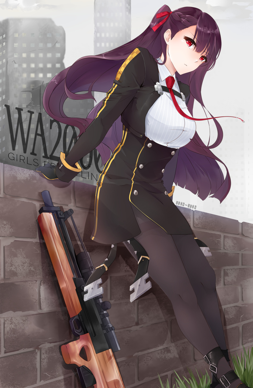 1girl against_wall breasts brick_wall bullpup character_name copyright_name girls_frontline gloves gun highres large_breasts long_hair looking_at_viewer necktie pantyhose purple_hair red_eyes red_neckwear red_ribbon ribbon rifle sniper_rifle solo thighband_pantyhose twintails udon-udon wa2000_(girls_frontline) wall walther walther_wa_2000 weapon