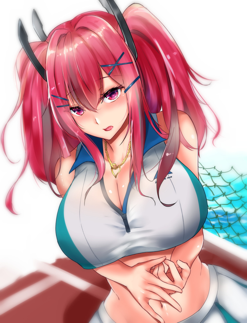 1girl azur_lane bangs blush breasts bremerton_(azur_lane) bremerton_(scorching-hot_training)_(azur_lane) chain-link_fence crop_top crop_top_overhang fence graphite_(medium) hair_between_eyes hair_ornament hairclip heart heart_necklace highres huge_breasts kuzya large_breasts long_hair looking_at_viewer mechanical_pencil multicolored_hair navel pencil pink_eyes pink_hair shirt skirt sleeveless sleeveless_shirt sportswear streaked_hair sweat tennis_court tennis_uniform tongue traditional_media twintails two-tone_shirt two-tone_skirt x_hair_ornament