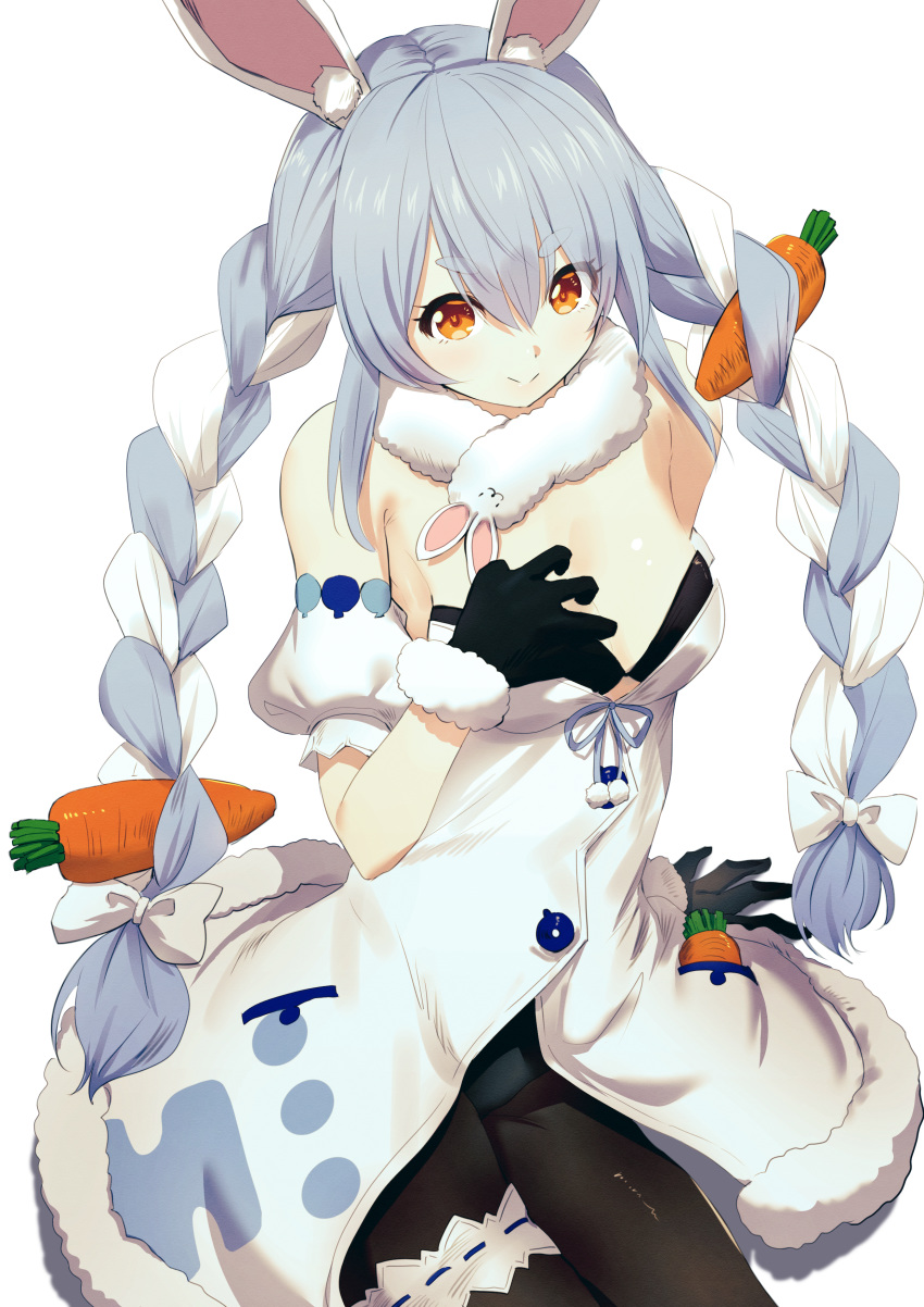 1girl absurdres animal_ear_fluff animal_ears bangs bare_shoulders black_gloves black_legwear black_leotard blue_hair braid breasts brown_eyes bunny-shaped_pupils carrot_hair_ornament closed_mouth commentary_request dress eyebrows_visible_through_hair food_themed_hair_ornament fur-trimmed_dress fur-trimmed_gloves fur_trim gloves hair_between_eyes hair_ornament hand_up highres hololive kumamoto_nomii-kun leotard long_hair looking_at_viewer multicolored_hair pantyhose puffy_short_sleeves puffy_sleeves rabbit_ears shadow short_eyebrows short_sleeves sitting small_breasts smile solo strapless strapless_dress strapless_leotard symbol-shaped_pupils thick_eyebrows twin_braids twintails two-tone_hair usada_pekora very_long_hair virtual_youtuber white_background white_dress white_hair white_sleeves