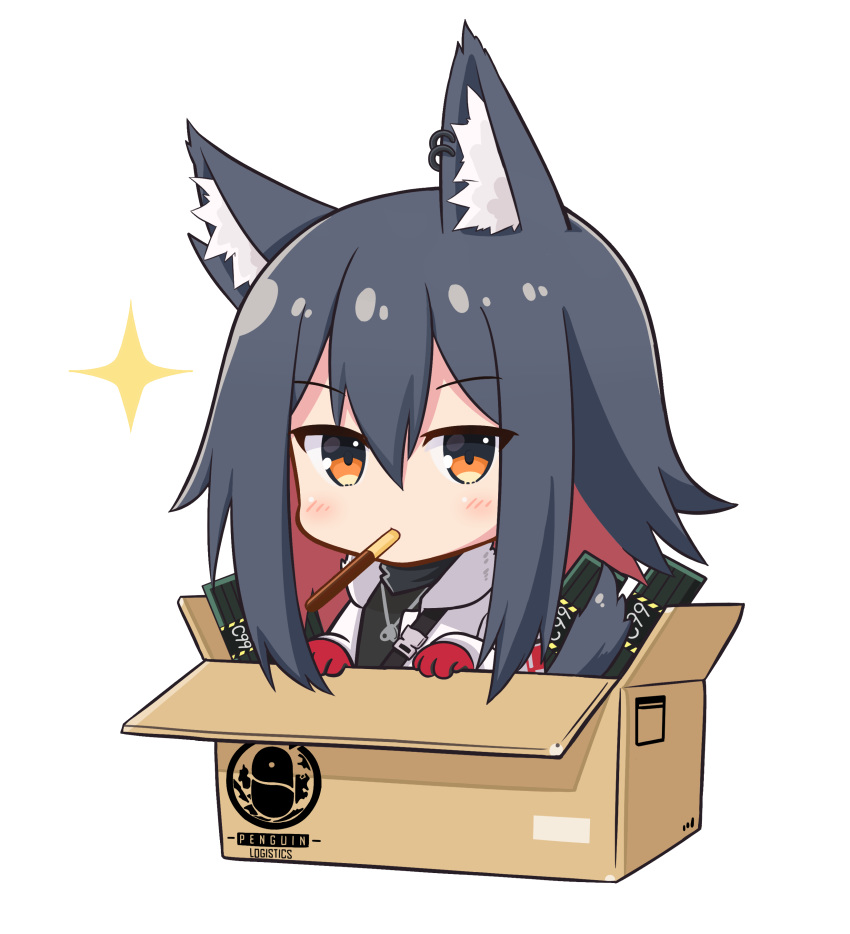 1girl absurdres alternate_costume animal_ear_fluff animal_ears arknights bangs black_hair black_shirt blush box brown_eyes cardboard_box chibi commentary earrings eyebrows_visible_through_hair food food_in_mouth gloves hair_between_eyes highres in_box in_container jacket jewelry kitara long_hair long_sleeves looking_at_viewer mouth_hold multicolored_hair open_clothes open_jacket pendant penguin_logistics_logo pocky red_gloves redhead shirt solo sparkle texas_(arknights) upper_body white_jacket wolf_ears
