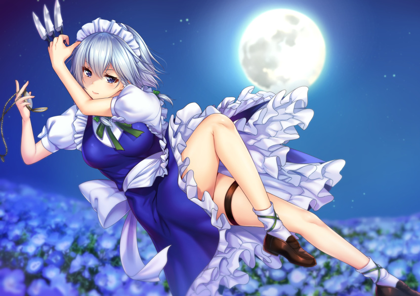 1girl apron arm_up bangs bare_legs blue_dress blue_eyes blue_flower blush bow breasts brown_footwear commentary_request dress field flower flower_field frilled_apron frills full_moon green_bow green_neckwear green_ribbon hair_between_eyes hair_bow hand_up holding holding_knife holding_weapon izayoi_sakuya knife knives_between_fingers loafers looking_at_viewer maid maid_apron maid_headdress medium_breasts moon neck_ribbon night night_sky outdoors petticoat pocket_watch puffy_short_sleeves puffy_sleeves ribbon shirt shoes short_dress short_hair short_sleeves silver_hair sky socks solo thigh_strap thighs touhou waist_apron watch weapon white_apron white_legwear white_shirt yuzutosen