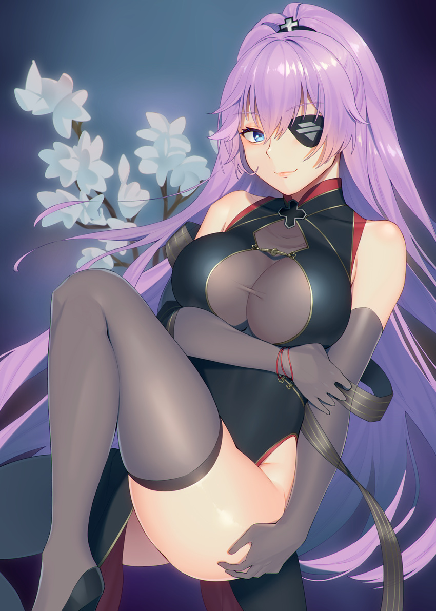 1girl alternate_costume alternate_hairstyle animal arm_up azur_lane black_dress black_footwear black_gloves black_legwear blue_background breasts china_dress chinese_clothes cleavage_cutout dress elbow_gloves eyebrows_visible_through_hair eyepatch flower gloves gradient gradient_background hair_ornament high_heels highres iron_cross large_breasts lips mimiko_(fuji_310) multicolored_hair one_side_up pelvic_curtain pink_hair ponytail scharnhorst_(azur_lane) scharnhorst_(panther_und_pflaume)_(azur_lane) solo streaked_hair thigh-highs