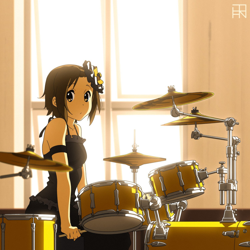 1girl armlet artist_logo backlighting black_dress blurry blurry_foreground brown_eyes brown_hair bysau closed_mouth day depth_of_field dress drum drum_set drumsticks formal hair_ornament highres holding_drumsticks indoors instrument k-on! light_frown looking_at_viewer short_hair sitting solo spaghetti_strap tainaka_ritsu window