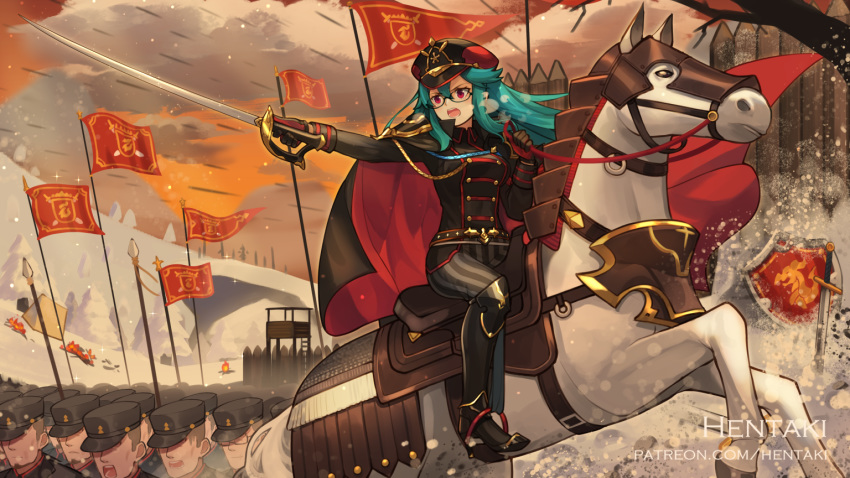 1girl 6+boys animal artist_name bangs black-framed_eyewear black_cape black_footwear black_headwear black_jacket blue_hair boots cape commentary day dragalia_lost english_commentary eyebrows_visible_through_hair fire flag glasses hair_between_eyes hat hentaki holding holding_sword holding_weapon horse horseback_riding jacket kirsty_(dragalia_lost) knee_boots long_hair military military_uniform multicolored multicolored_cape multicolored_clothes multiple_boys outdoors outstretched_arm pants peaked_cap red_cape riding saber_(weapon) shield sitting snow striped sword tent uniform v-shaped_eyebrows vertical-striped_pants vertical_stripes violet_eyes watermark weapon web_address