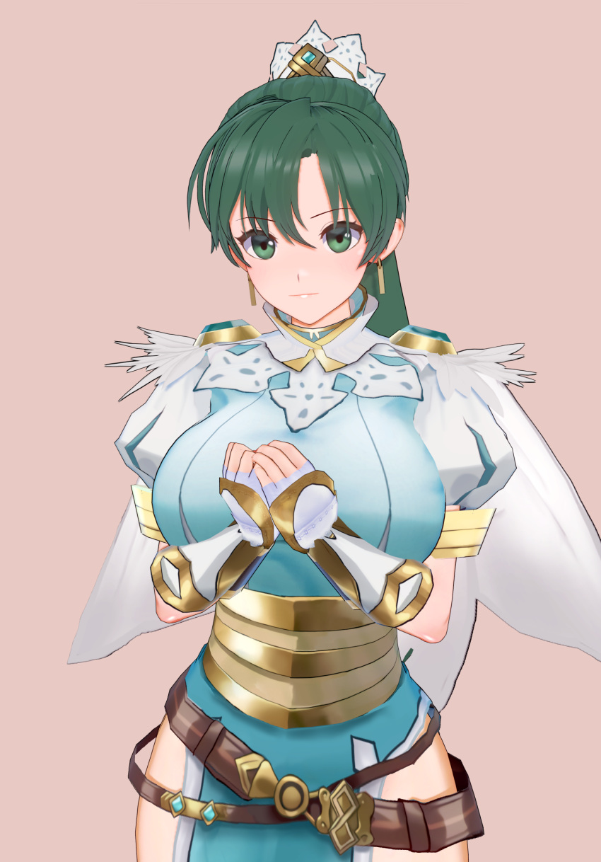 1girl bangs belt boots breasts cape capelet closed_mouth commentary_request earrings feather_trim fingerless_gloves fire_emblem fire_emblem:_the_blazing_blade fire_emblem_heroes gloves green_eyes green_hair hair_ornament hands_together highres jewelry knee_boots lips looking_at_viewer lyn_(fire_emblem) medium_breasts pelvic_curtain pink_background ponytail puffy_sleeves simple_background solo standing tied_hair uck-eck-uck upper_body