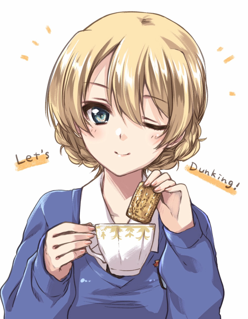 1girl ;) bangs black_neckwear blonde_hair blue_eyes blue_sweater braid closed_mouth commentary cookie cup darjeeling_(girls_und_panzer) dress_shirt emblem english_text engrish_text food girls_und_panzer highres holding holding_cup holding_food kuroi_mimei long_sleeves looking_at_viewer necktie notice_lines one_eye_closed ranguage school_uniform shirt short_hair simple_background smile solo st._gloriana's_school_uniform sweater teacup tied_hair twin_braids v-neck white_background white_shirt wing_collar