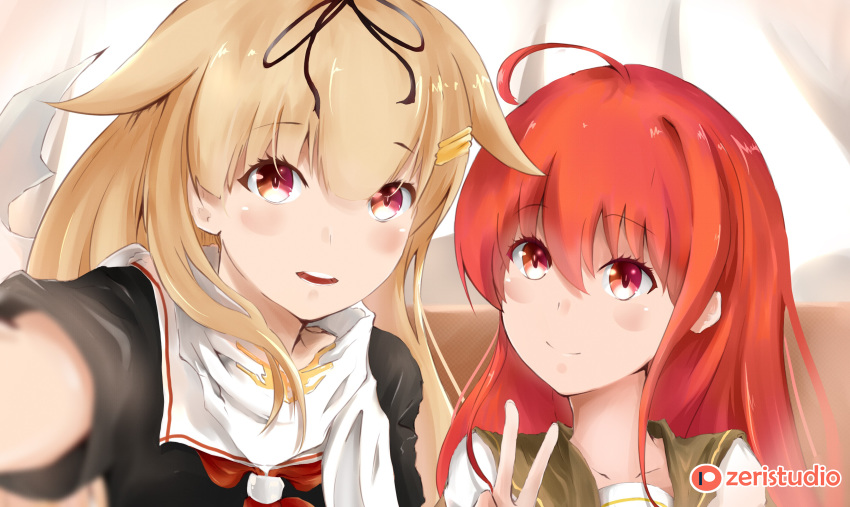 2girls absurdres bangs black_shirt blonde_hair collarbone crossover eyebrows_visible_through_hair green_sailor_collar hair_between_eyes hair_ornament hairclip highres kantai_collection long_hair looking_at_viewer multiple_girls neckerchief portrait red_eyes red_neckwear redhead remodel_(kantai_collection) sailor_collar sailor_shirt scarf school_uniform self_shot shakugan_no_shana shana shiny shiny_hair shirt short_sleeves v watermark white_sailor_collar white_scarf white_shirt yuudachi_(kantai_collection) zeri_(zeristudio)