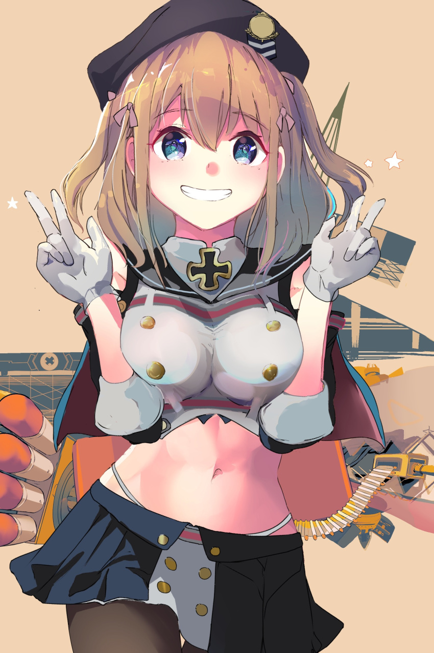 1girl absurdres ammunition azur_lane bangs beret black_capelet black_legwear black_shirt black_sleeves blue_eyes breasts brown_background brown_hair buttons capelet commentary_request cowboy_shot double_v eyebrows_visible_through_hair gloves grey_shirt grin groin hair_between_eyes hair_ribbon hands_up hat highleg highleg_panties highres hinaname iron_cross long_hair looking_at_viewer medium_breasts midriff miniskirt navel panties pantyhose pleated_skirt ribbon rigging shirt shoulder_cutout sidelocks sketch skirt sleeves_rolled_up smile solo standing star thigh_strap torpedo torpedo_launcher turret two_side_up underwear v white_gloves z35_(azur_lane)