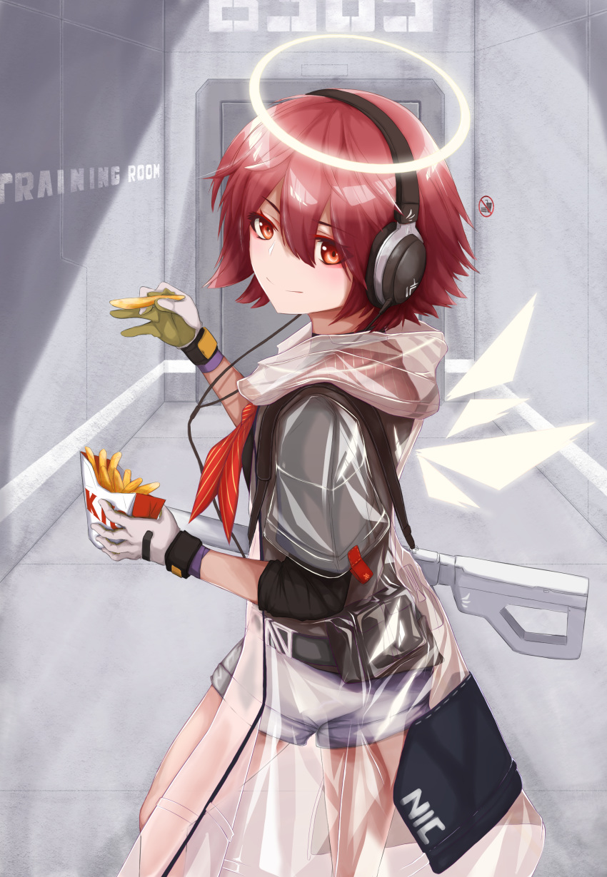 1girl absurdres alternate_costume arknights bangs commentary cowboy_shot ed_(ed_0094) exusiai_(arknights) food french_fries gloves grey_shirt hair_between_eyes halo hand_up headphones highres holding holding_food hood hooded_jacket indoors jacket kfc looking_at_viewer neckerchief red_eyes red_neckwear redhead see-through shirt short_hair short_shorts short_sleeves shorts solo standing white_shorts