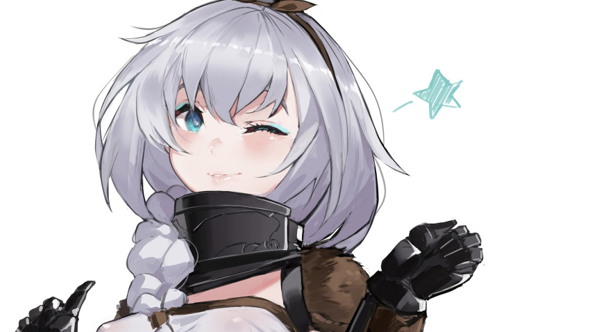 1girl black_gloves blue_eyes bow braid brown_bow brown_hairband closed_mouth gloves gorget grey_hair hair_bow hair_over_shoulder hairband highres looking_at_viewer one_eye_closed onean_(pandea_work) pandea_work pink_lips simple_background smile solo star the_elder_scrolls the_elder_scrolls_v:_skyrim upper_body white_background