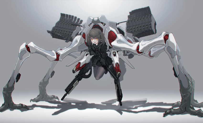 1girl absurdres assault_rifle backpack bag black_gloves brown_hair commentary_request extra_legs eyebrows_visible_through_hair full_body gloves gun highres looking_at_viewer mecha_musume mechanical_legs missile_pod oota_youjo original rifle sailor_collar shadow skirt smile solo suppressor trigger_discipline twintails upper_teeth weapon yellow_eyes