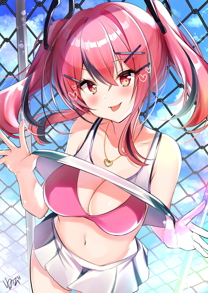 1girl absurdres azur_lane bangs bare_shoulders bikini bikini_under_clothes bow breasts bremerton_(azur_lane) bremerton_(scorching-hot_training)_(azur_lane) chain-link_fence commentary crop_top eyebrows_behind_hair eyebrows_visible_through_hair fence from_above grey_hair hair_between_eyes hair_bow hair_ornament hairclip heart heart-shaped_pupils heart_necklace highres large_breasts long_hair looking_at_viewer multicolored_hair nenobi_(nenorium) no_mole pink_bikini_top pink_hair pulled_by_self shirt shirt_pull sleeveless sleeveless_shirt sportswear streaked_hair swimsuit symbol-shaped_pupils tennis_uniform tongue tongue_out twintails two-tone_hair two-tone_shirt two-tone_skirt x_hair_ornament