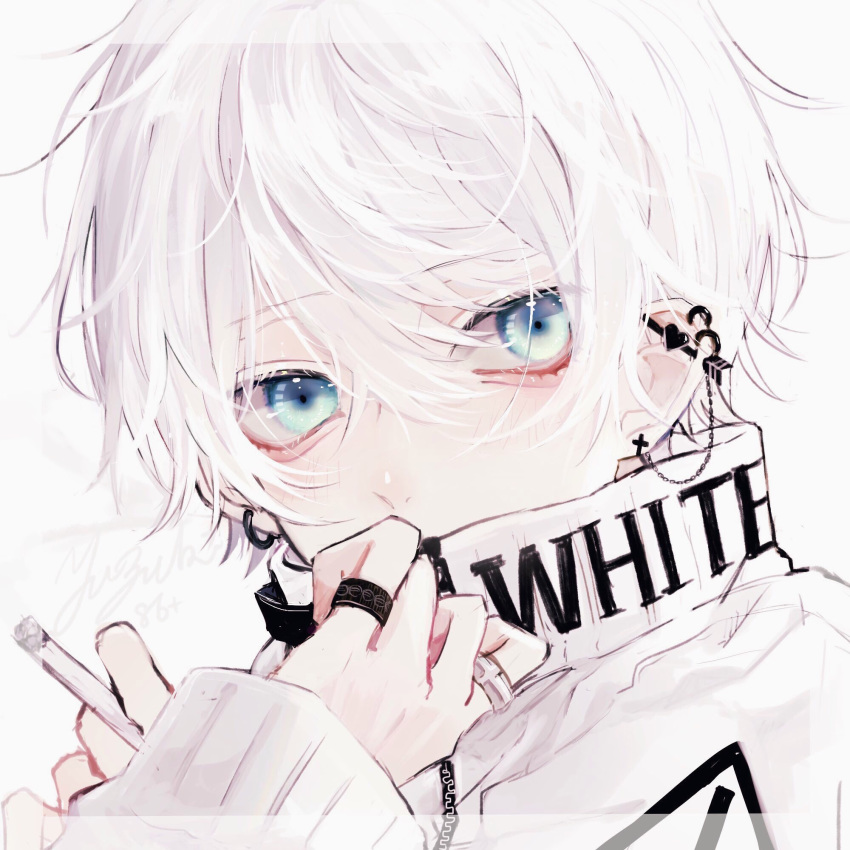 1boy blue_eyes cigarette covering_mouth ear_piercing earrings eyebrows_visible_through_hair highres holding holding_cigarette jacket jewelry looking_at_viewer myuhuaki original piercing ring short_hair simple_background solo upper_body white_background white_hair white_jacket