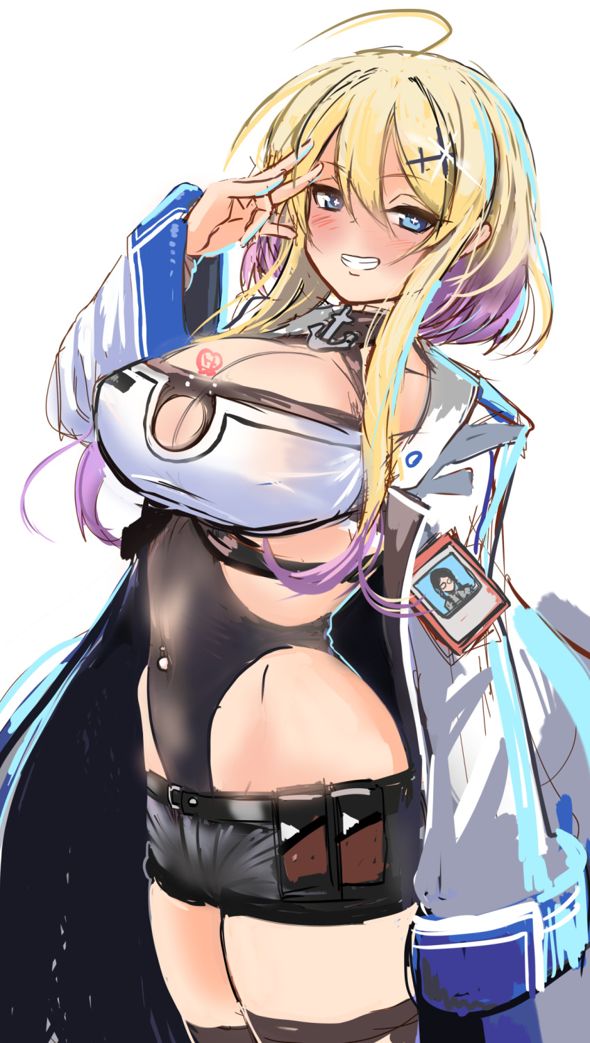 1girl ahoge arm_at_side azur_lane bangs black_shorts blonde_hair blue_eyes blush breast_tattoo breasts center_opening cleavage_cutout commentary_request covered_navel from_side gradient_hair grin groin gyaru hey_taishou highres id_card large_breasts looking_at_viewer manicure marblehead_(azur_lane) multicolored_hair navel navel_piercing piercing purple_hair short_hair_with_long_locks shorts sidelocks sketch smile solo standing tattoo
