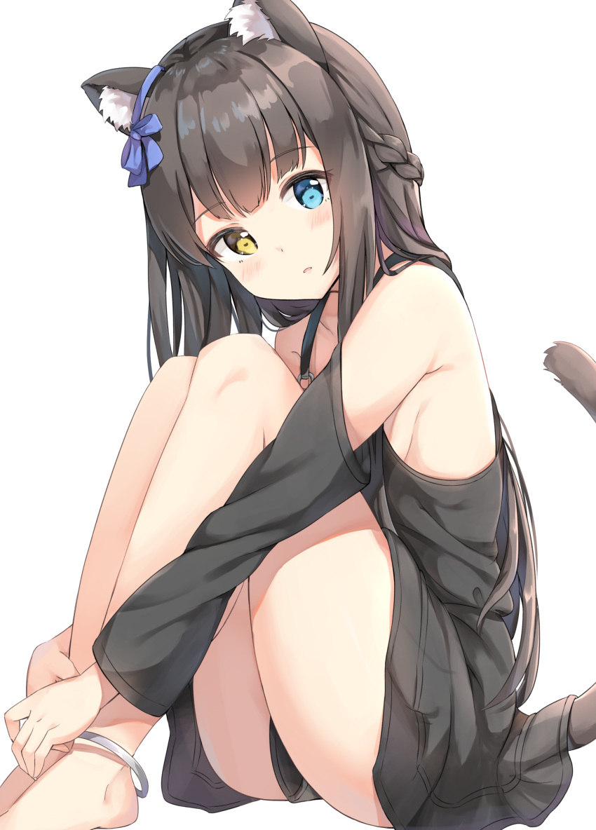 1girl absurdres animal_ear_fluff animal_ears anklet bangs bare_legs bare_shoulders barefoot black_dress blue_eyes blush braid breasts brown_hair cat_ears cat_girl cat_tail detached_sleeves dress eyebrows_visible_through_hair french_braid hair_ribbon heterochromia highres jewelry keiran_(ryo170) knees_up long_hair looking_at_viewer original own_hands_together parted_lips purple_ribbon ribbon sideboob simple_background sitting small_breasts solo tail very_long_hair white_background yellow_eyes