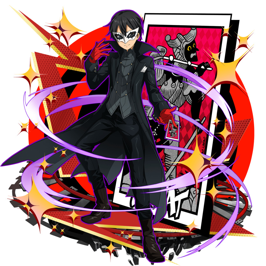 1boy amamiya_ren amamiya_ren_(cosplay) black_coat black_eyes black_footwear black_hair black_pants boots card closed_mouth coat cosplay full_body gloves highres holding holding_card kirito long_sleeves looking_at_viewer male_focus mask official_art pants red_gloves shiny shiny_hair solo standing sword_art_online tarot the_fool_(tarot_card)