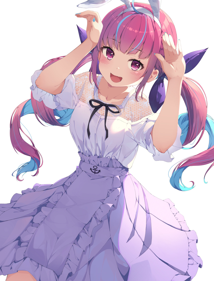 1girl :d absurdres anchor_symbol animal_ears dress highres hololive keis_(locrian1357) minato_aqua multicolored_hair open_mouth pink_eyes pink_hair rabbit_ears simple_background smile solo twintails two-tone_hair virtual_youtuber