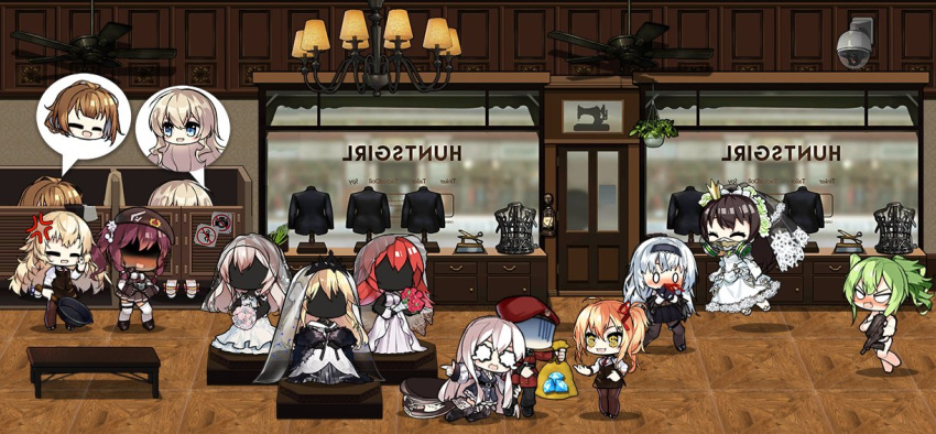 1boy 6+girls anger_vein angry apron bag bangs beret black_hairband blonde_hair blood blush breasts bridal_veil brown_hair cabinet ceiling_fan ceiling_light character_request chibi closed_eyes commander_(girls_frontline) covering covering_breasts crying crying_with_eyes_open dark_skin dollar_sign dress dressing_room english_commentary flower flying formal frying_pan gas_mask gem girls_frontline gloom_(expression) green_hair grizzly_mkv_(girls_frontline) gun hair_between_eyes hair_ribbon hairband hat indoors jacket kalina_(girls_frontline) kar98k_(girls_frontline) lamp large_breasts long_hair long_sleeves m950a_(girls_frontline) mannequin messy_hair multiple_girls necktie nosebleed o_o open_mouth pantyhose pointing ponytail purple_hair red_ribbon redhead ribbon s.a.t.8_(girls_frontline) saiga-12_(girls_frontline) scarecrow_(girls_frontline) scissors shaded_face shop shopping short_hair side_ponytail skirt smile speech_bubble suit tears the_mad_mimic thigh-highs thunder_(girls_frontline) veil very_long_hair weapon wedding_dress white_hair window