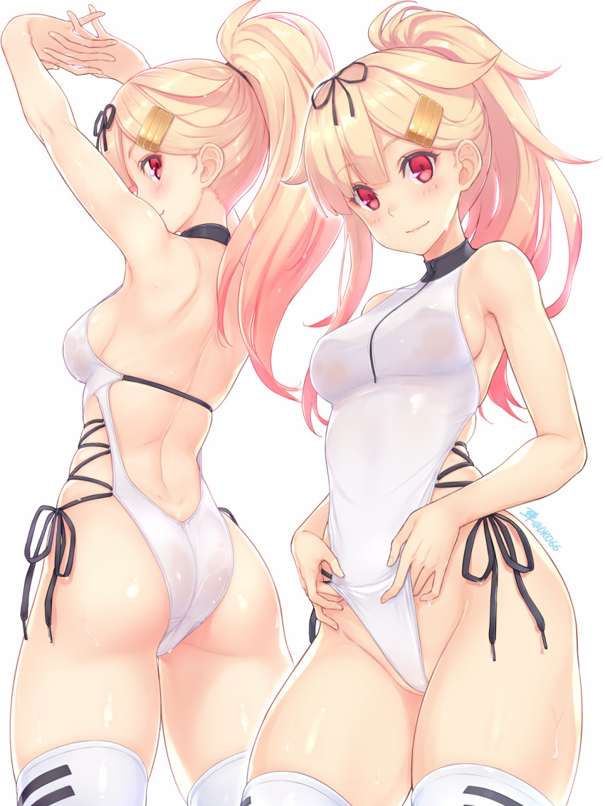 1girl alternate_costume alternate_hairstyle arms_up ass back bangs bare_shoulders black_ribbon blonde_hair blush breasts commentary_request cowboy_shot dan_(kumadan) eyebrows_visible_through_hair fang from_behind gradient_hair groin hair_flaps hair_ornament hair_ribbon hairclip highleg highres kantai_collection long_hair looking_at_viewer looking_back medium_breasts multicolored_hair multiple_views one-piece_swimsuit ponytail red_eyes remodel_(kantai_collection) ribbon see-through side-tie_swimsuit sideboob simple_background skindentation smile stretch swimsuit thigh-highs wet white_background yuudachi_(kantai_collection)