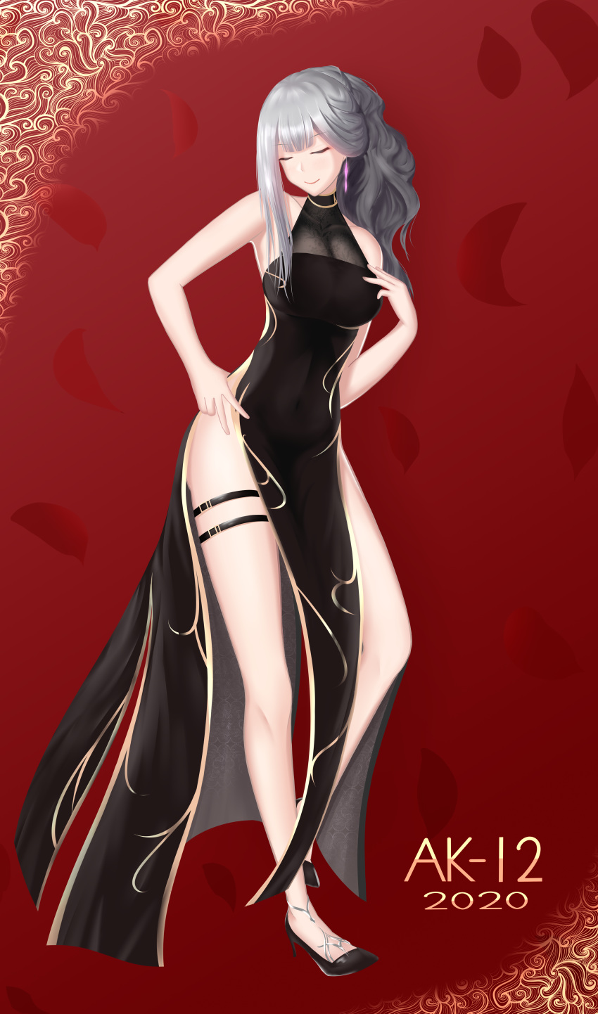 1girl absurdres ak-12_(girls_frontline) black_dress black_footwear blush breasts china_dress chinese_clothes chinese_new_year closed_eyes dress earrings girls_frontline hair_ornament high_heels highres huge_filesize jewelry legs lizheng long_hair medium_breasts necklace red_background shoes silver_hair smile solo speech_bubble strap thigh_strap tight v
