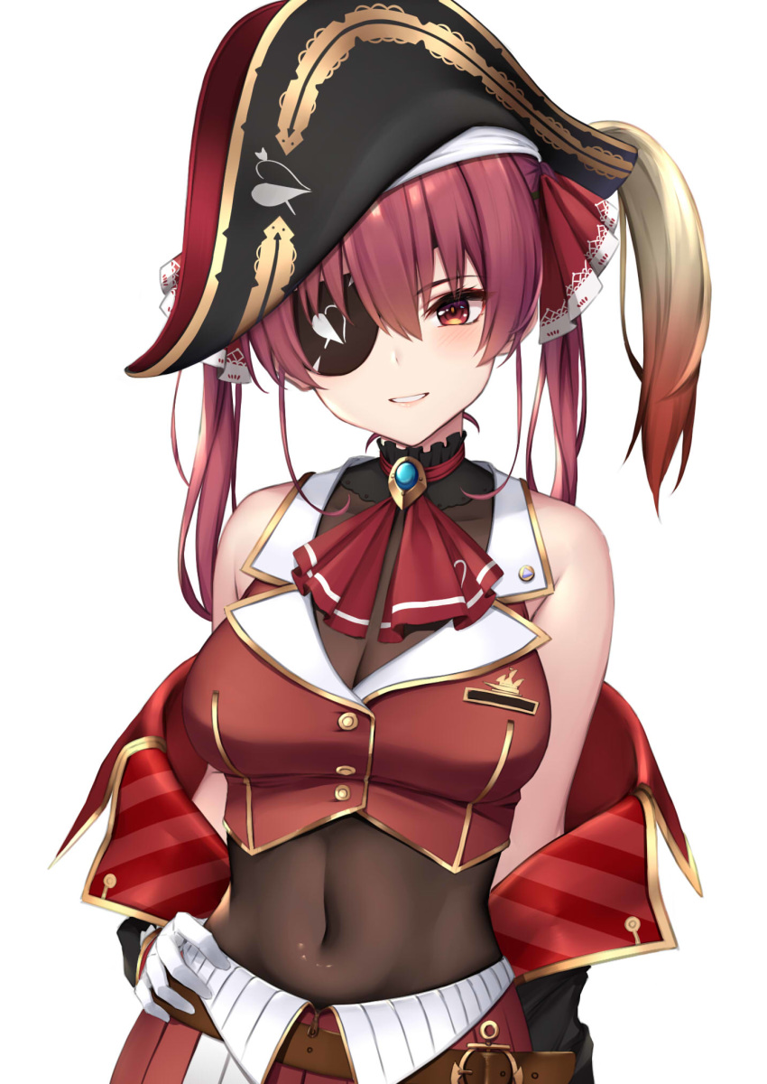 1girl bare_shoulders belt black_coat black_headwear bodysuit breasts brooch coat covered_navel crop_top eyepatch gloves gold_trim grin hand_on_hip hat highres hololive houshou_marine jewelry large_breasts long_hair looking_at_viewer midriff off_shoulder pirate_hat red_eyes red_shirt redhead shirt simple_background sleeveless sleeveless_shirt smile solo twintails upper_body virtual_youtuber white_background white_gloves wing_collar ym_(distance819)