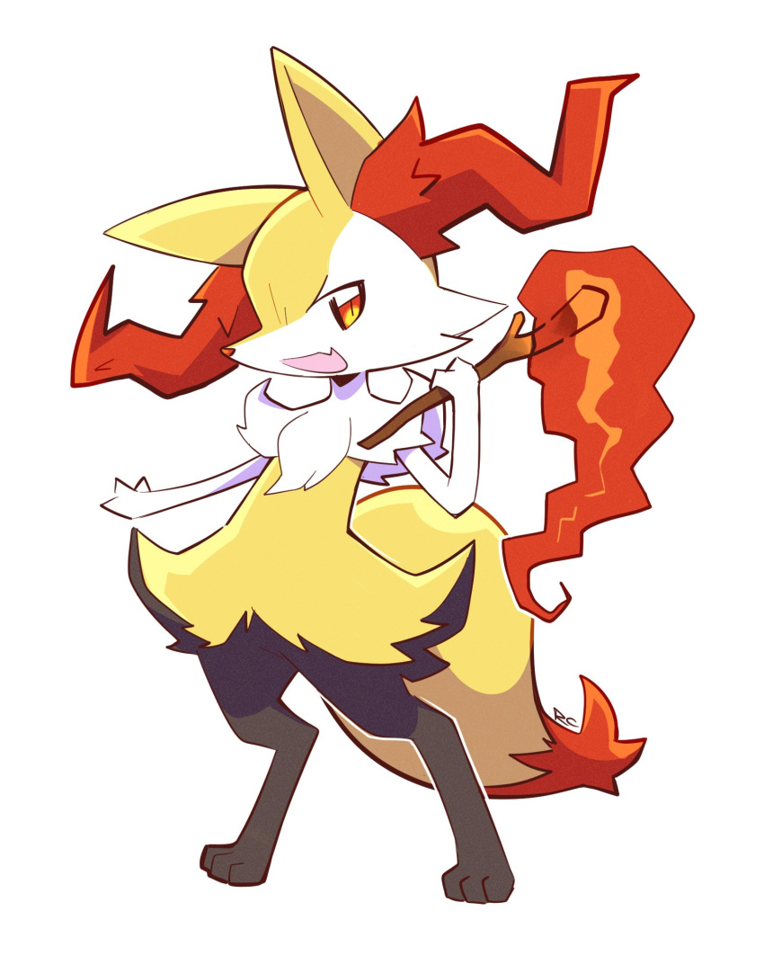 :d artsy-rc braixen commentary english_commentary fang fire full_body gen_6_pokemon highres looking_at_viewer no_humans open_mouth pokemon pokemon_(creature) signature simple_background smile solo standing white_background