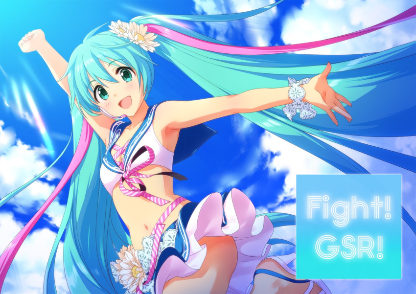 1girl :d annindoufu_(oicon) aqua_eyes aqua_hair arm_up armpits bare_shoulders bracelet breasts clouds commentary_request cowboy_shot crop_top day flower goodsmile_racing hair_flower hair_ornament hatsune_miku headphones jewelry layered_skirt leg_up long_hair looking_at_viewer medium_breasts midriff miniskirt navel open_mouth outdoors outstretched_arm racing_miku sailor_collar sandals shirt skirt sky sleeveless sleeveless_shirt smile solo stomach sunlight twintails very_long_hair vocaloid white_flower white_shirt