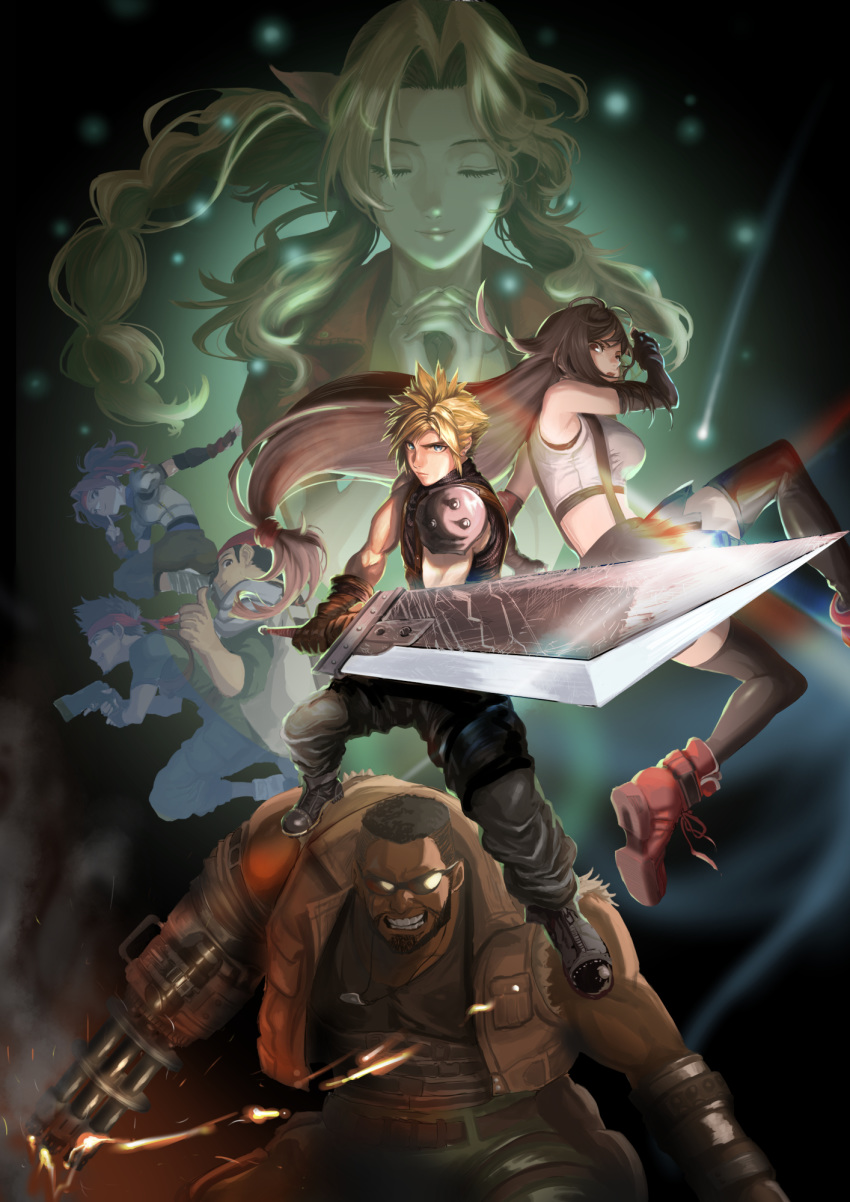 3girls 4boys aerith_gainsborough arm_cannon armor barret_wallace biggs_(ff7) buster_sword closed_eyes cloud_strife dark_background dark_skin dark_skinned_male final_fantasy final_fantasy_vii final_fantasy_vii_remake gatling_gun gloves hands_together highres jessie_(ff7) jewelry long_hair looking_at_viewer low-tied_long_hair multiple_boys multiple_girls necklace shoulder_armor skirt smile spiky_hair sunglasses suspender_skirt suspenders sword thigh-highs tifa_lockhart weapon wedge_(ff7) yufei1236