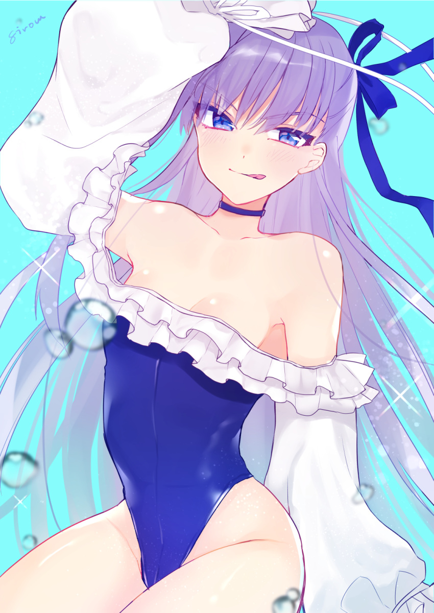 1girl air_bubble bangs bare_shoulders blue_background blue_eyes blue_ribbon blush breasts bubble choker closed_mouth collarbone fate/grand_order fate_(series) frills hair_ribbon hand_up highleg highleg_swimsuit highres licking_lips long_hair long_sleeves looking_at_viewer meltryllis meltryllis_(swimsuit_lancer)_(fate) mof_siromimi off-shoulder_swimsuit one-piece_swimsuit puffy_sleeves purple_hair ribbon sleeves_past_fingers sleeves_past_wrists small_breasts smile solo sparkle swimsuit tongue tongue_out very_long_hair white_ribbon