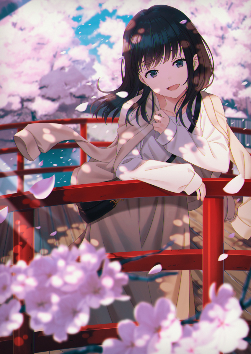 1girl :d black_eyes black_hair blurry bridge cherry_blossoms depth_of_field flower highres hyuuga_azuri jacket jacket_on_shoulders leaning_forward light_rays long_hair long_skirt looking_at_viewer open_clothes open_jacket open_mouth original outdoors petals pink_flower shirt skirt smile solo standing sunbeam sunlight white_shirt yellow_jacket